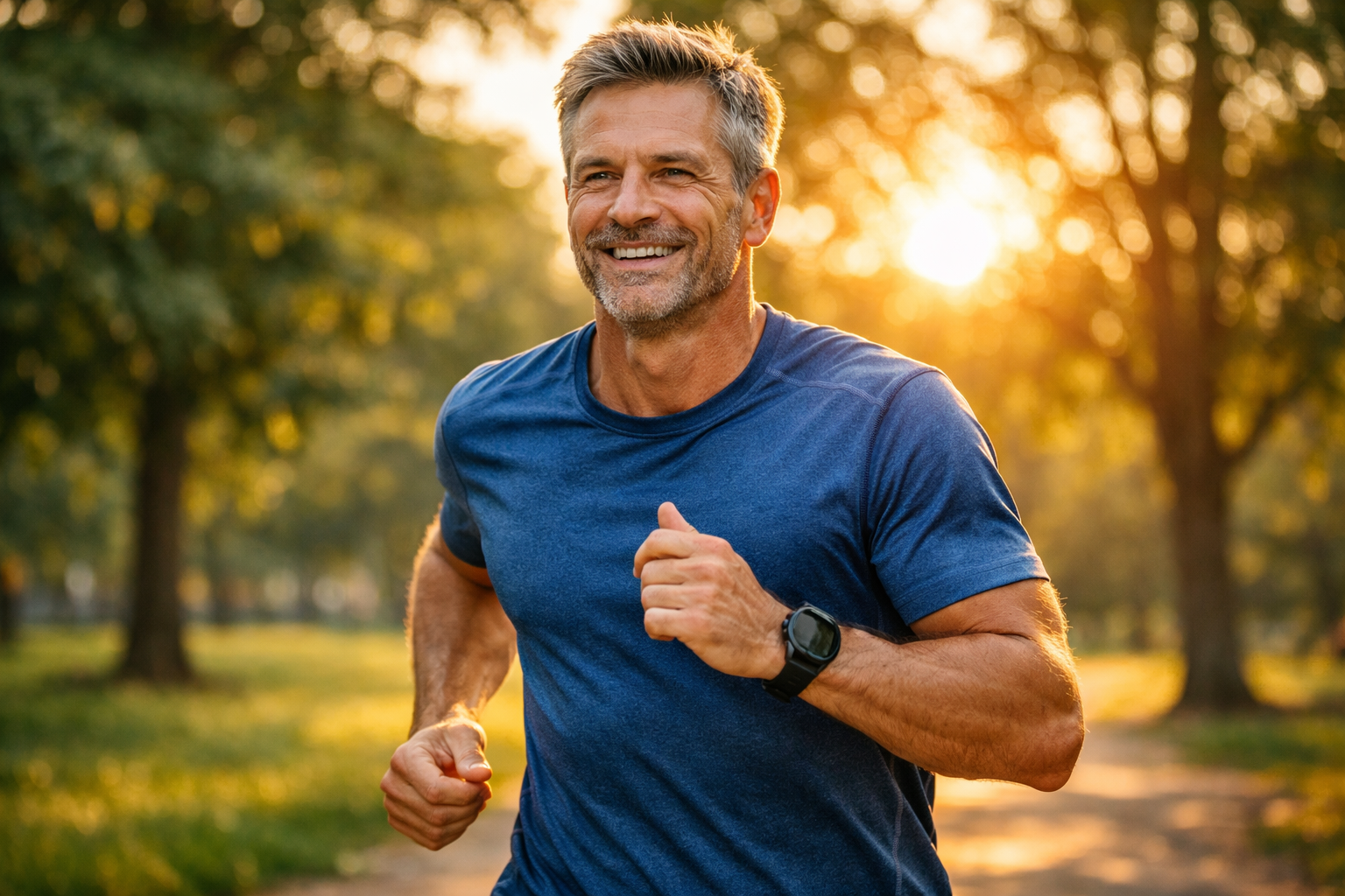Healthy mature man jogging at sunrise