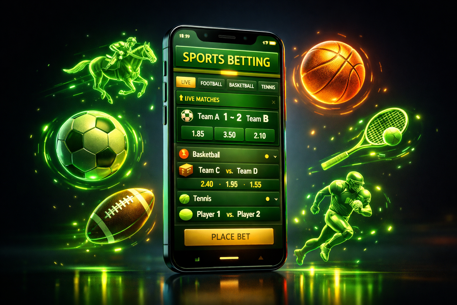 İnterbahis mobil uygulama - yeşil ve altın UI ile modern bahis arayüzü