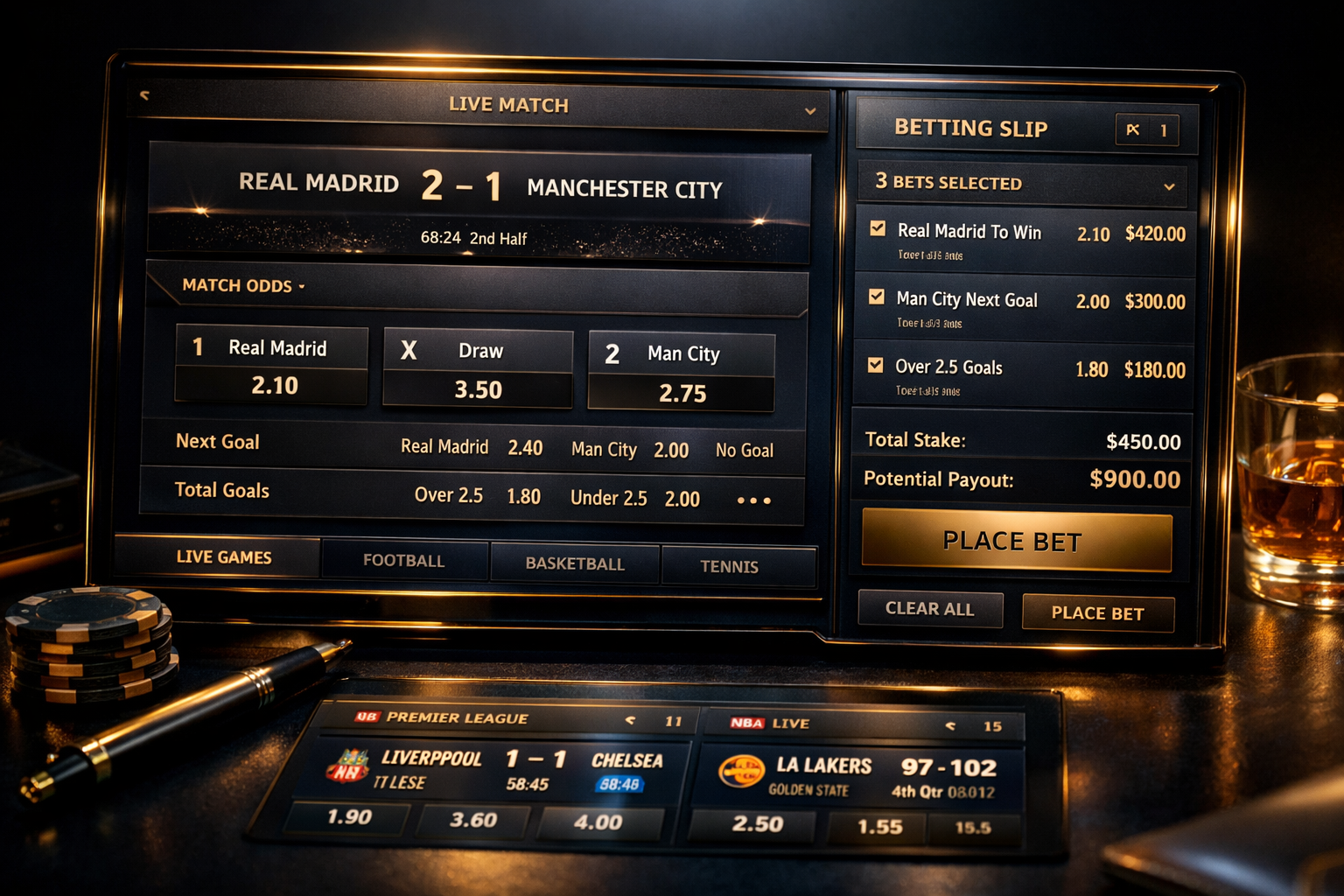 İnterbahis spor bahisleri - canlı maç oranları ve altın vurgularla lüks bahis arayüzü