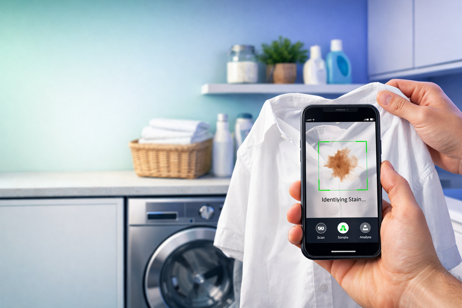 A person photographing a fabric stain with the StainWise stain identification screen on their phone