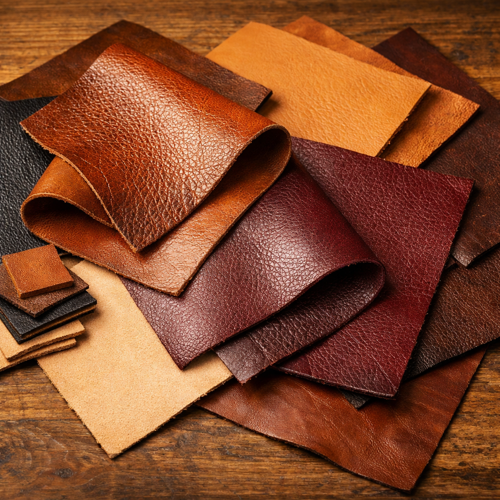 Leather swatches and samples showing different textures and colors