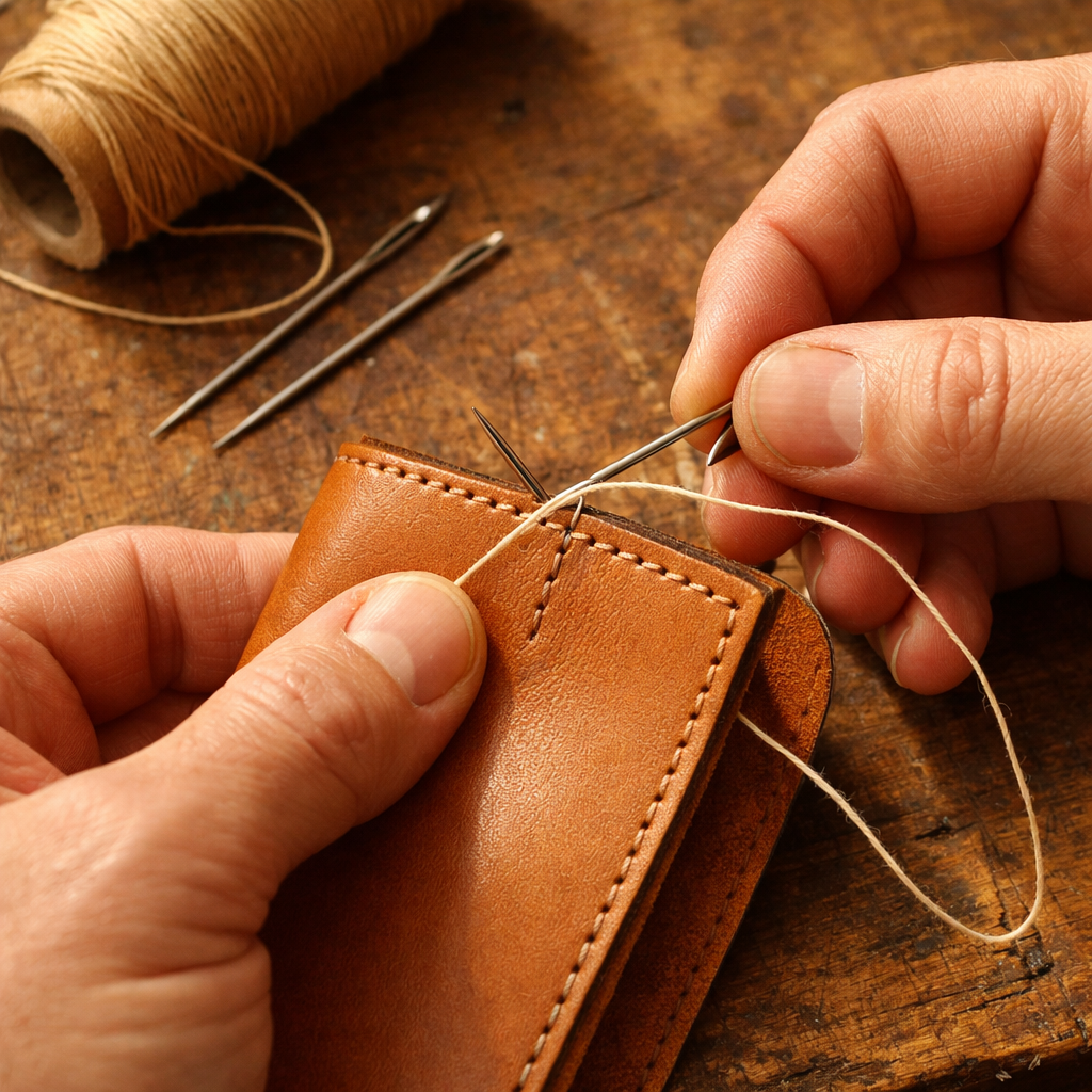 Hands doing saddle stitch on leather with needles and thread