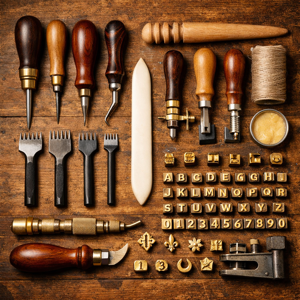Professional leather craft tools organized on wooden table