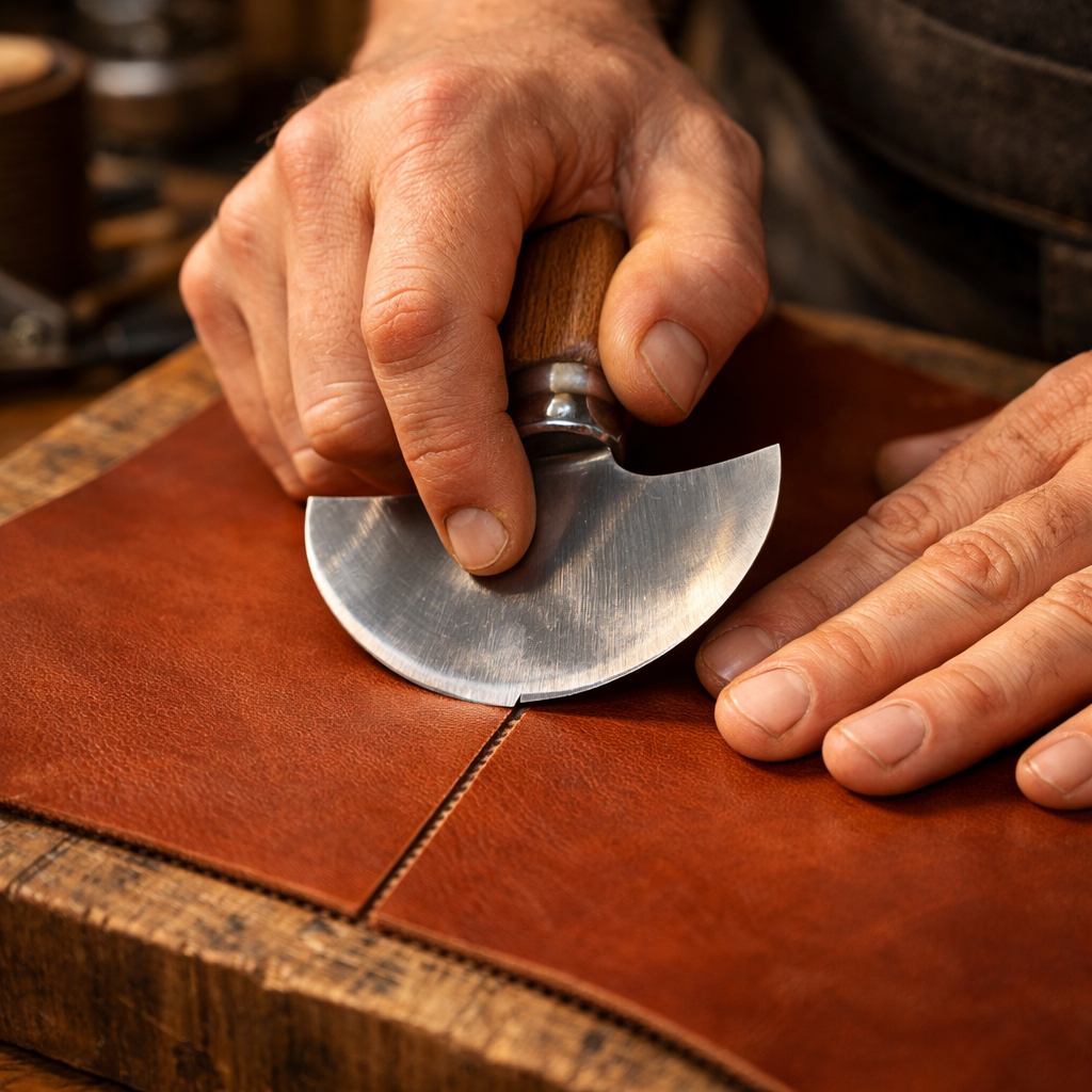 Precision leather cutting with knife on cutting mat