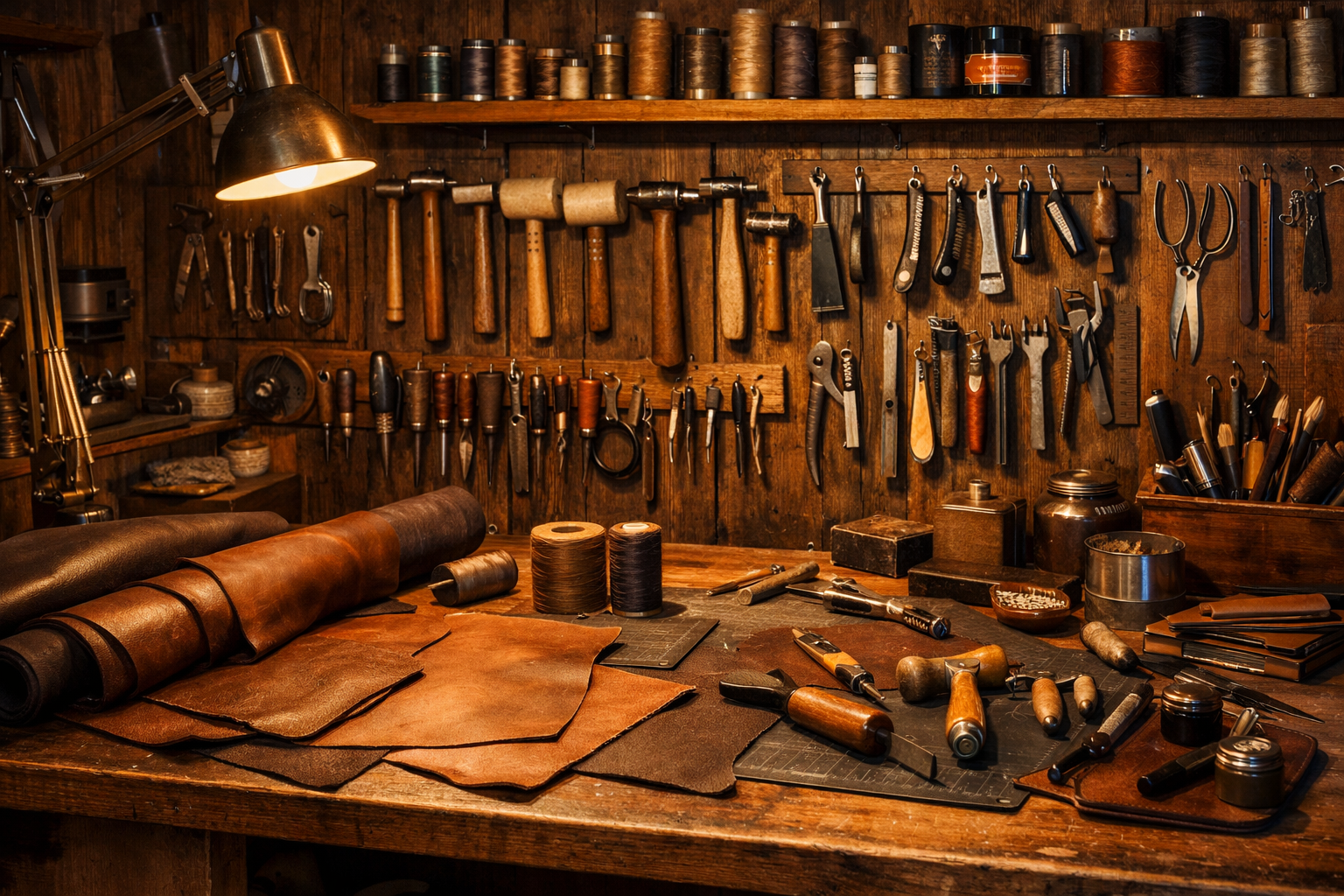 Leather craftsman's hands working at organized workshop bench with professional tools