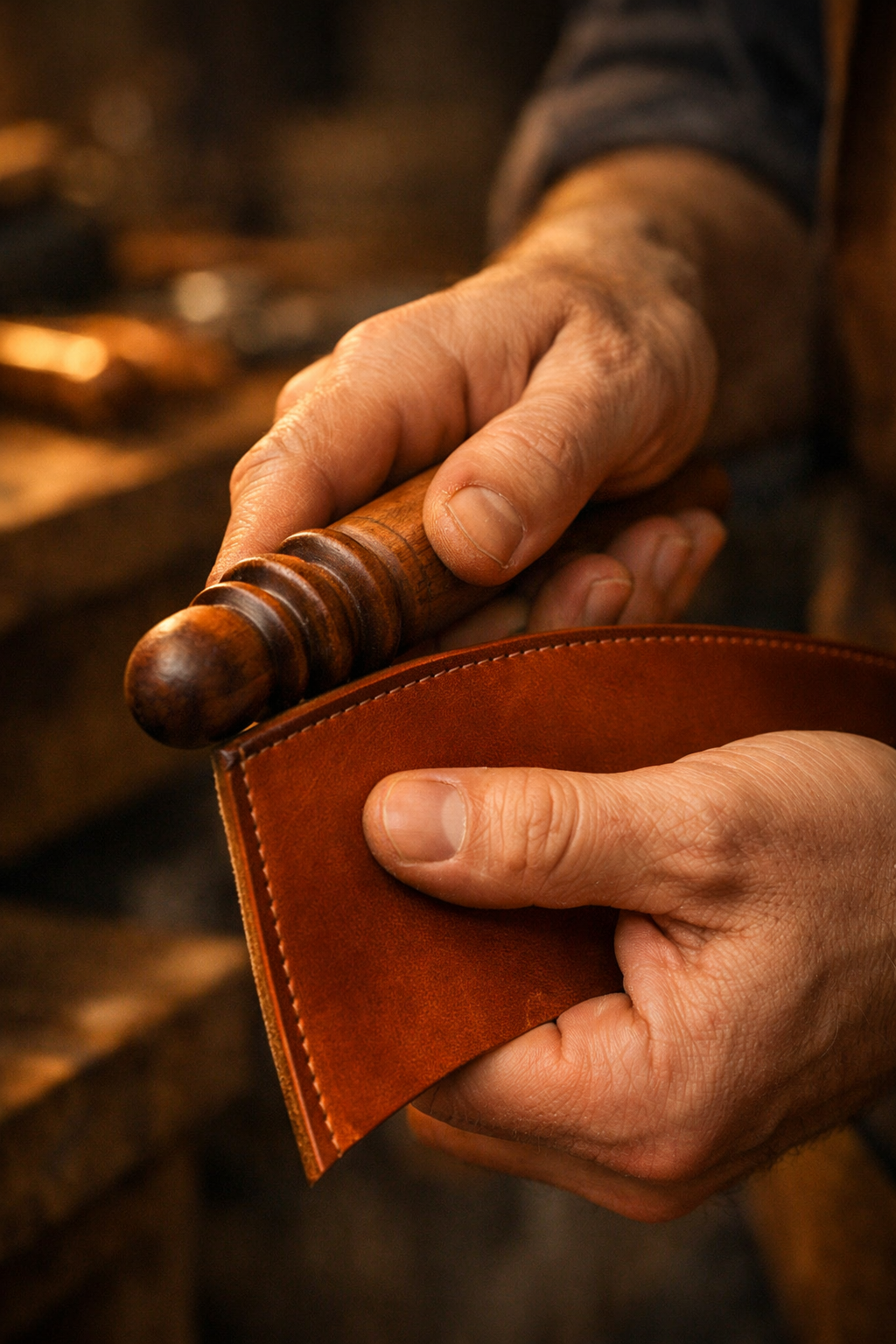Leather crafting tools arranged on wooden workbench