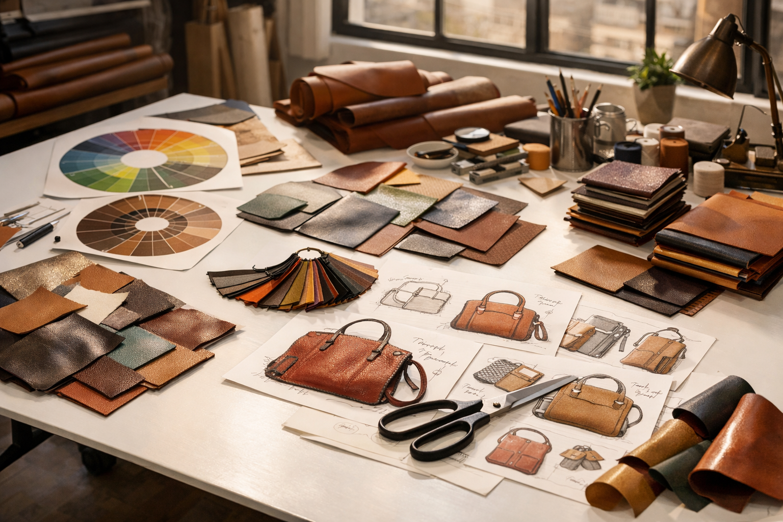 Design studio with material samples and prototypes