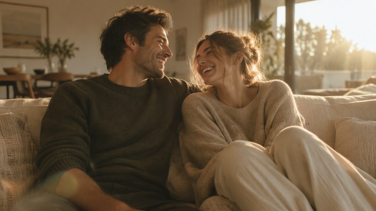 Two people laughing together in warm afternoon light