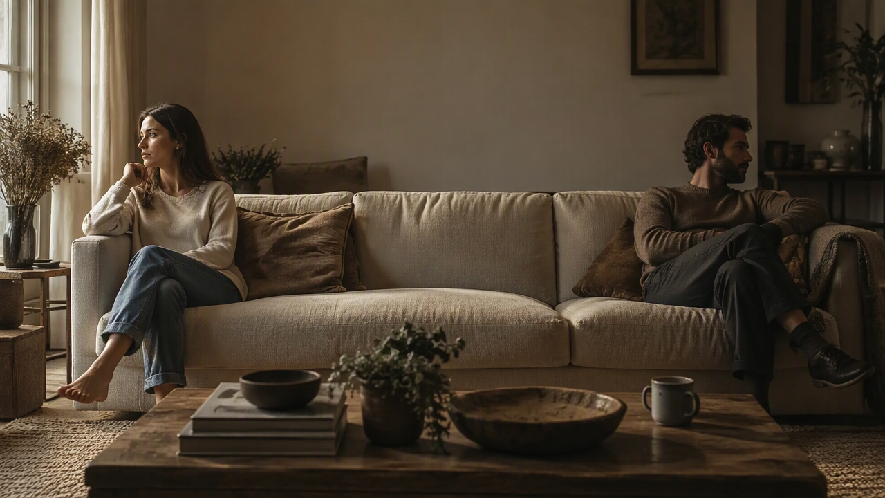 Two people sitting apart during a tense moment