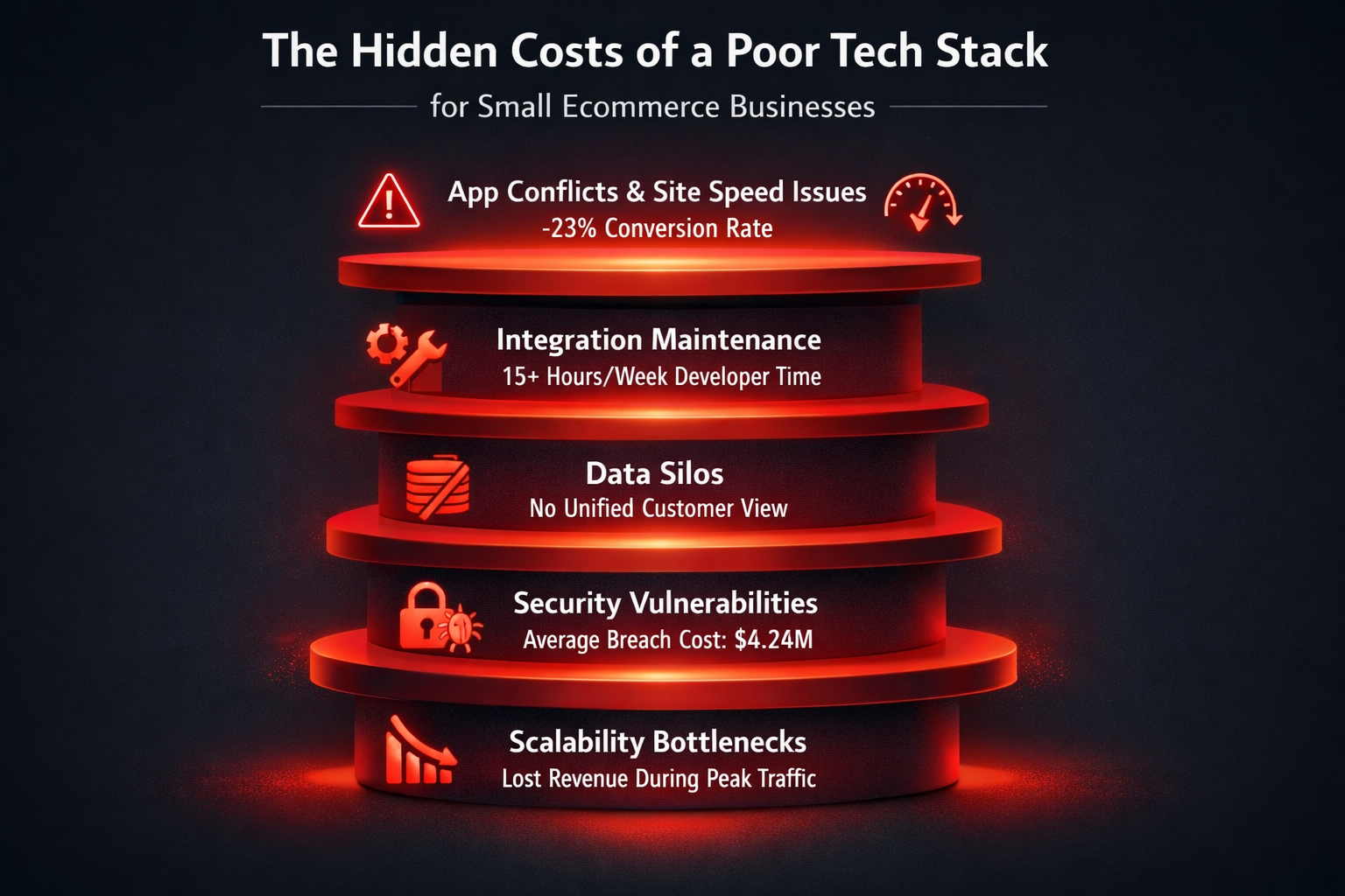 Infographic showing hidden costs of a poor ecommerce tech stack including app conflicts reducing conversion rates by 23%, integration maintenance consuming 15+ hours per week, data silos preventing unified customer views, security vulnerabilities, and scalability bottlenecks during peak traffic