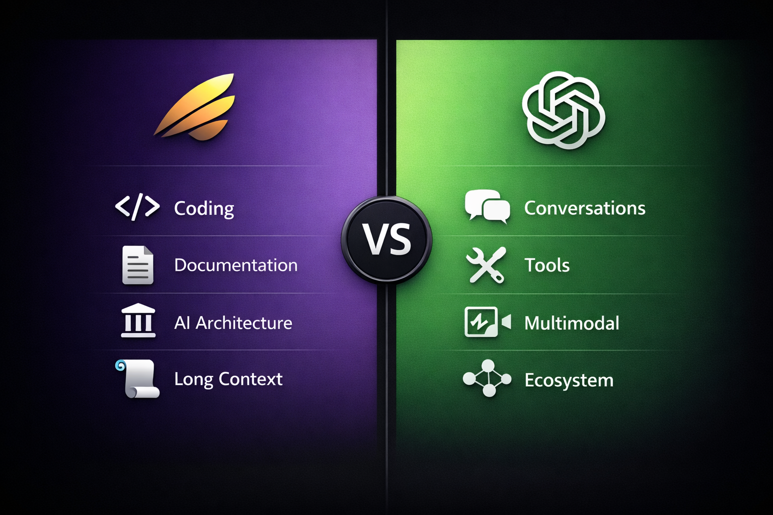 Claude vs ChatGPT comparison infographic for Shopify MCP - split screen showing Claude strengths in code, documentation, architecture, and long-context versus ChatGPT strengths in conversation, tools, multimodal interaction, and ecosystem integration