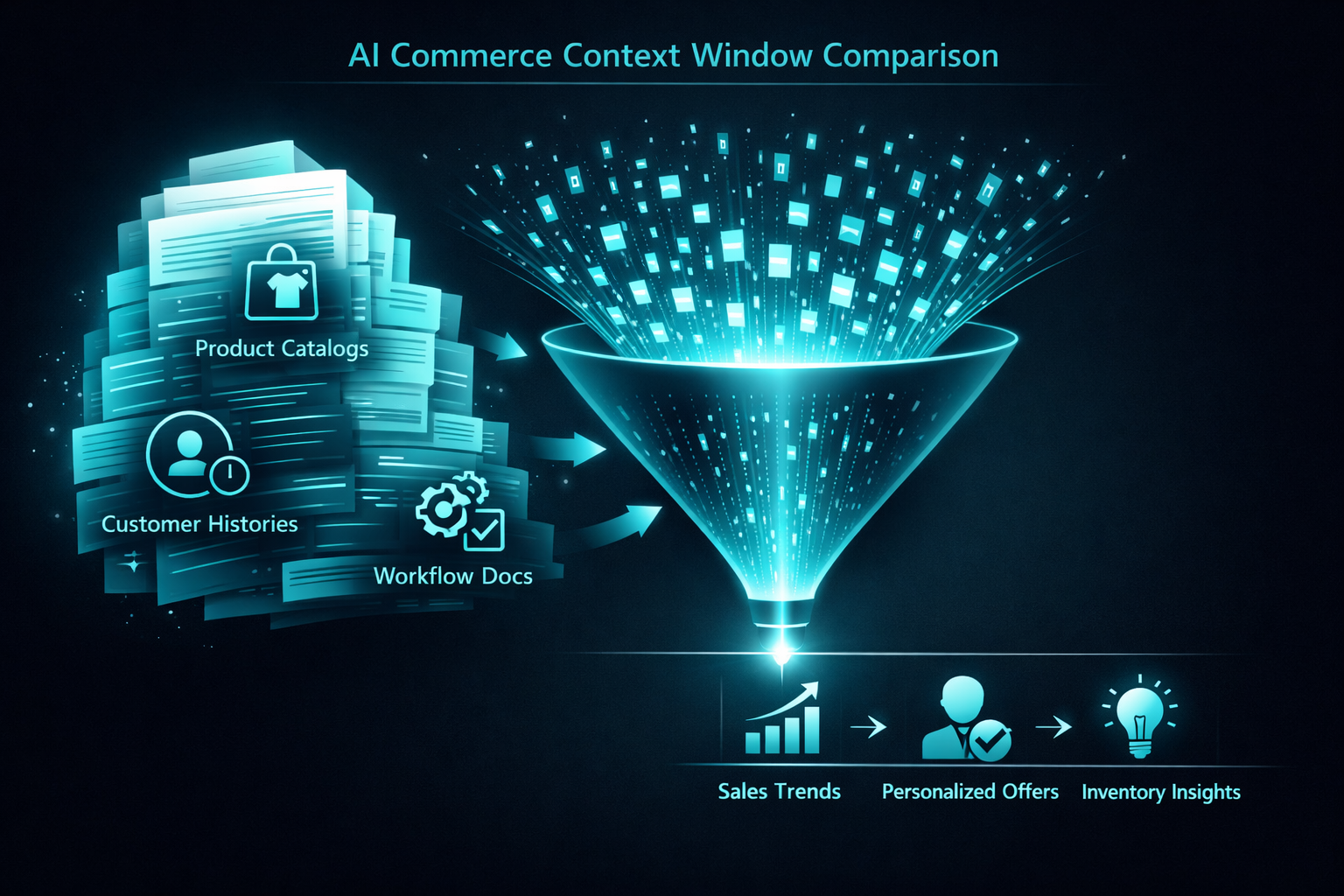Data visualization showing AI commerce context window processing - large expanding document representing product catalogs, customer histories, and workflow documentation being processed by AI into actionable insights