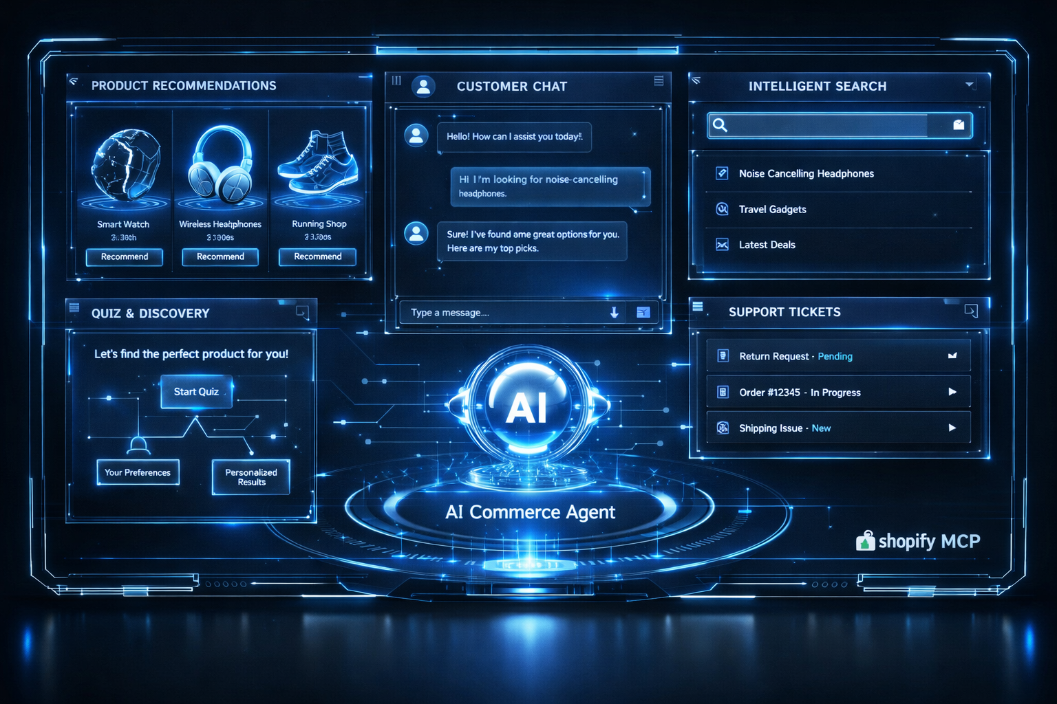 Futuristic unified AI commerce agent dashboard showing a single clean interface managing product recommendations, customer chat, intelligent search, quiz/discovery flow, and support tickets all in one system