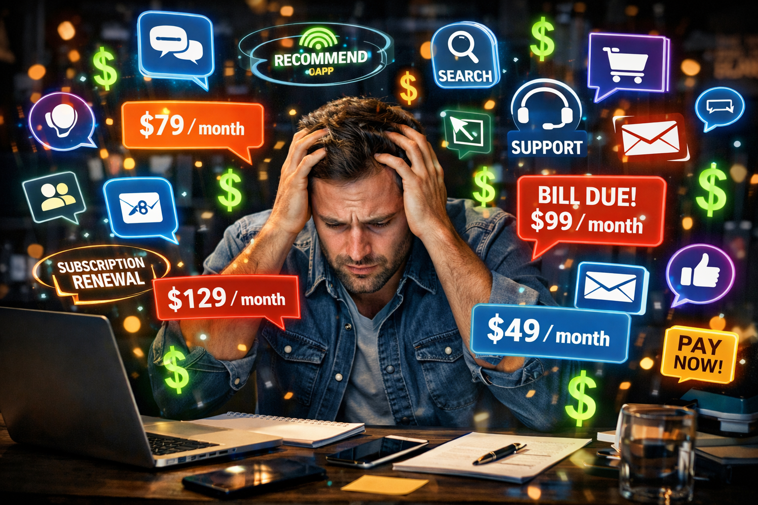 SaaS fatigue infographic showing an ecommerce merchant overwhelmed by dozens of floating app icons, subscription notifications, and monthly billing alerts from quiz apps, chat widgets, recommendation engines, search tools, and support software creating visual chaos