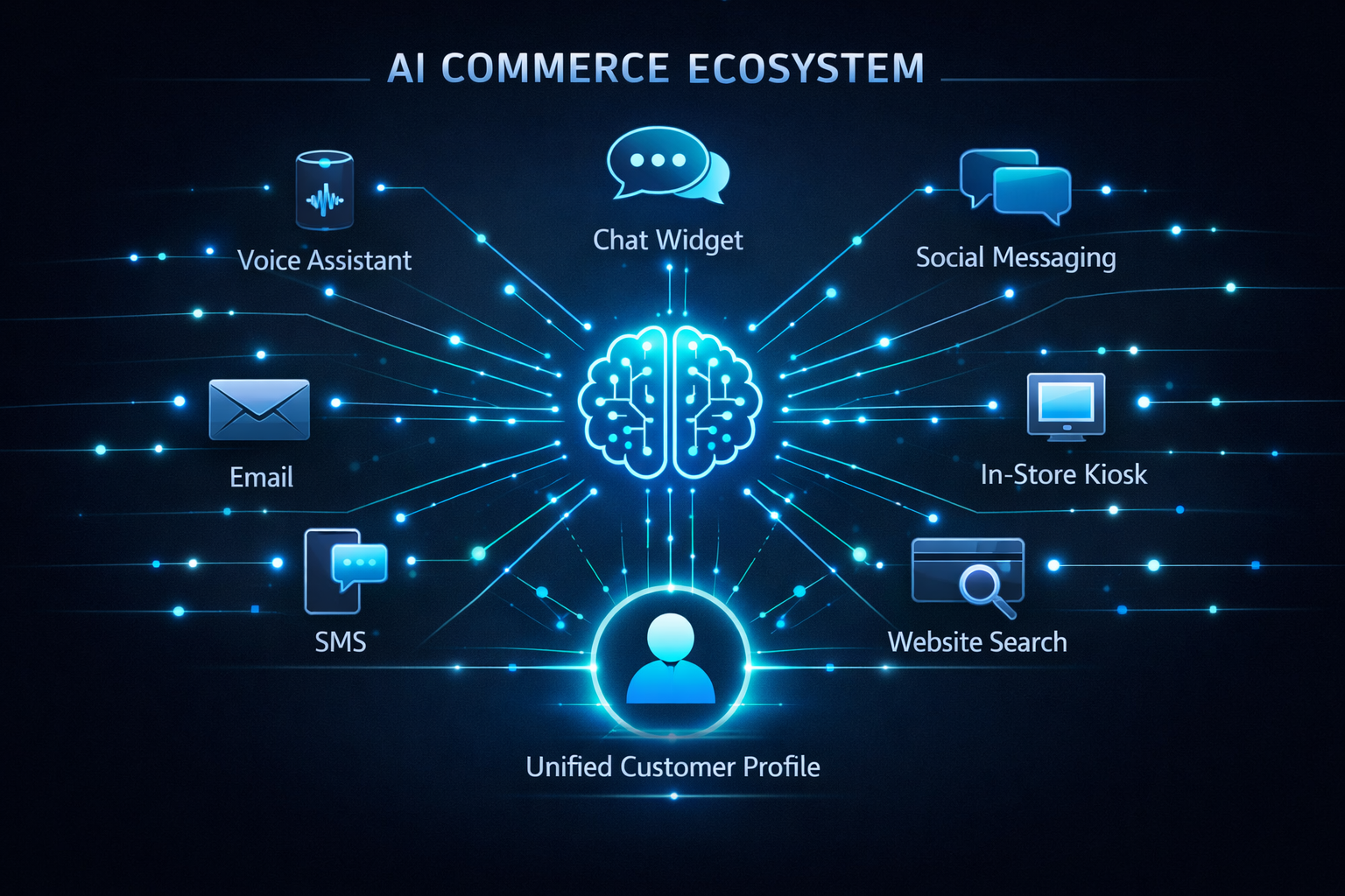 Illustration showing the AI commerce ecosystem with a central AI brain connected to multiple commerce touchpoints including voice assistant, chat widget, social messaging, email, SMS, in-store kiosk, and website search, all feeding into a unified customer profile