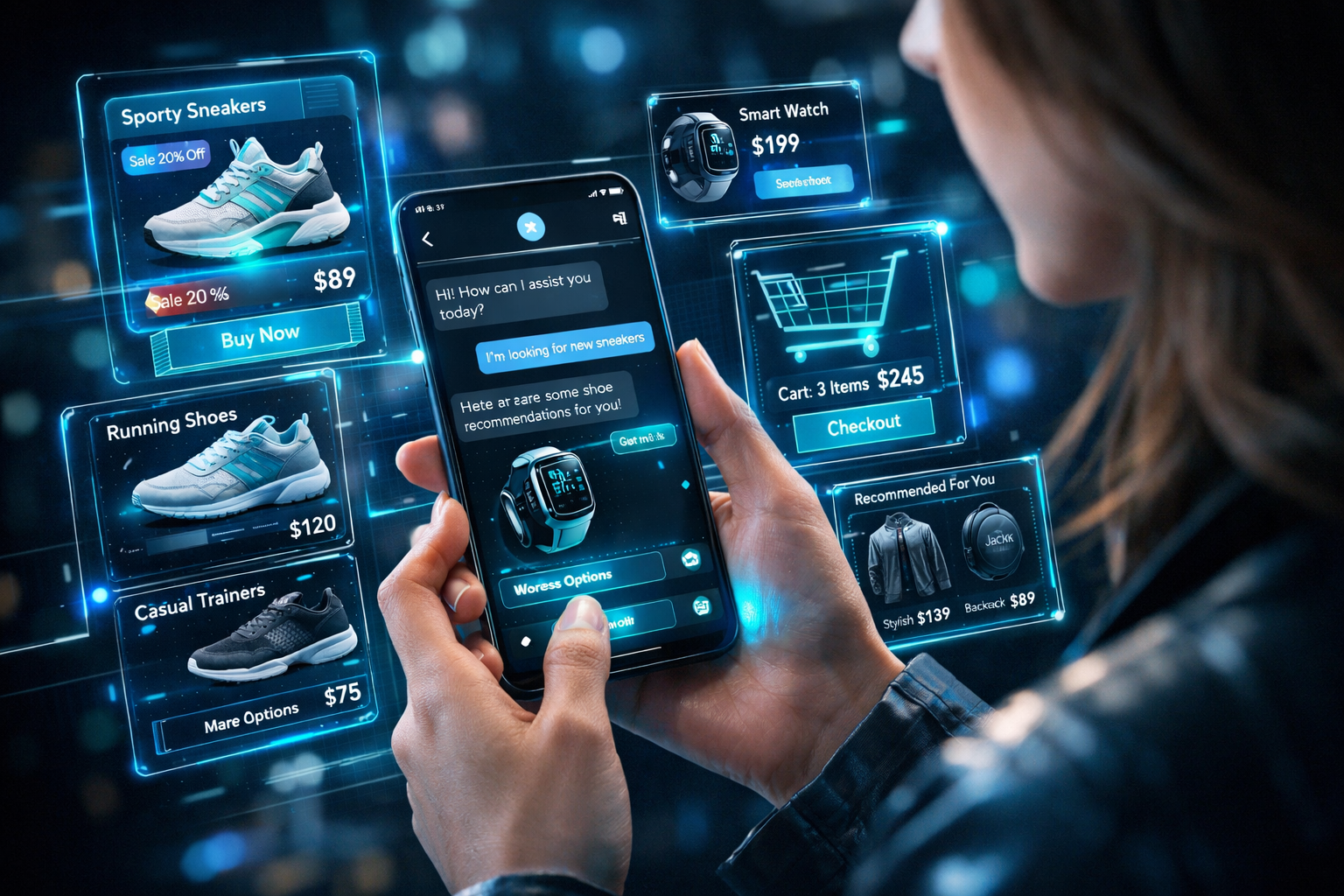 Futuristic conversational commerce scene showing a customer interacting with an AI shopping assistant through a chat interface with holographic product cards, recommendations, and shopping cart floating around the conversation