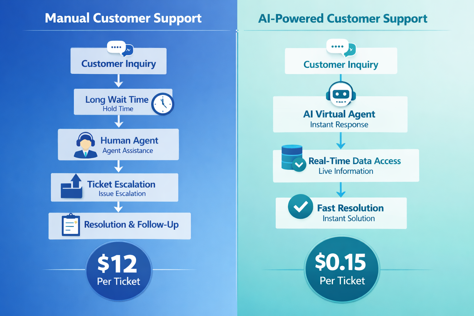 Infographic comparing manual vs AI-automated customer support workflows - left side shows cluttered manual process with multiple steps and wait times, right side shows streamlined AI agent handling tickets instantly with real-time data access, cost per ticket comparison of $12 manual vs $0.15 AI