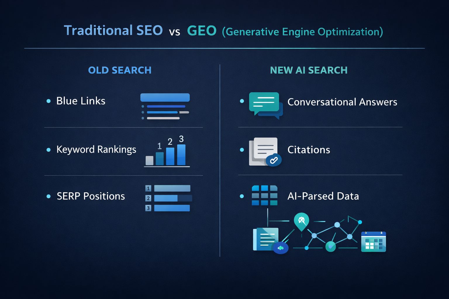 Infographic comparing traditional SEO with blue links and keyword rankings versus GEO with AI-generated answers, citations, and structured data parsing