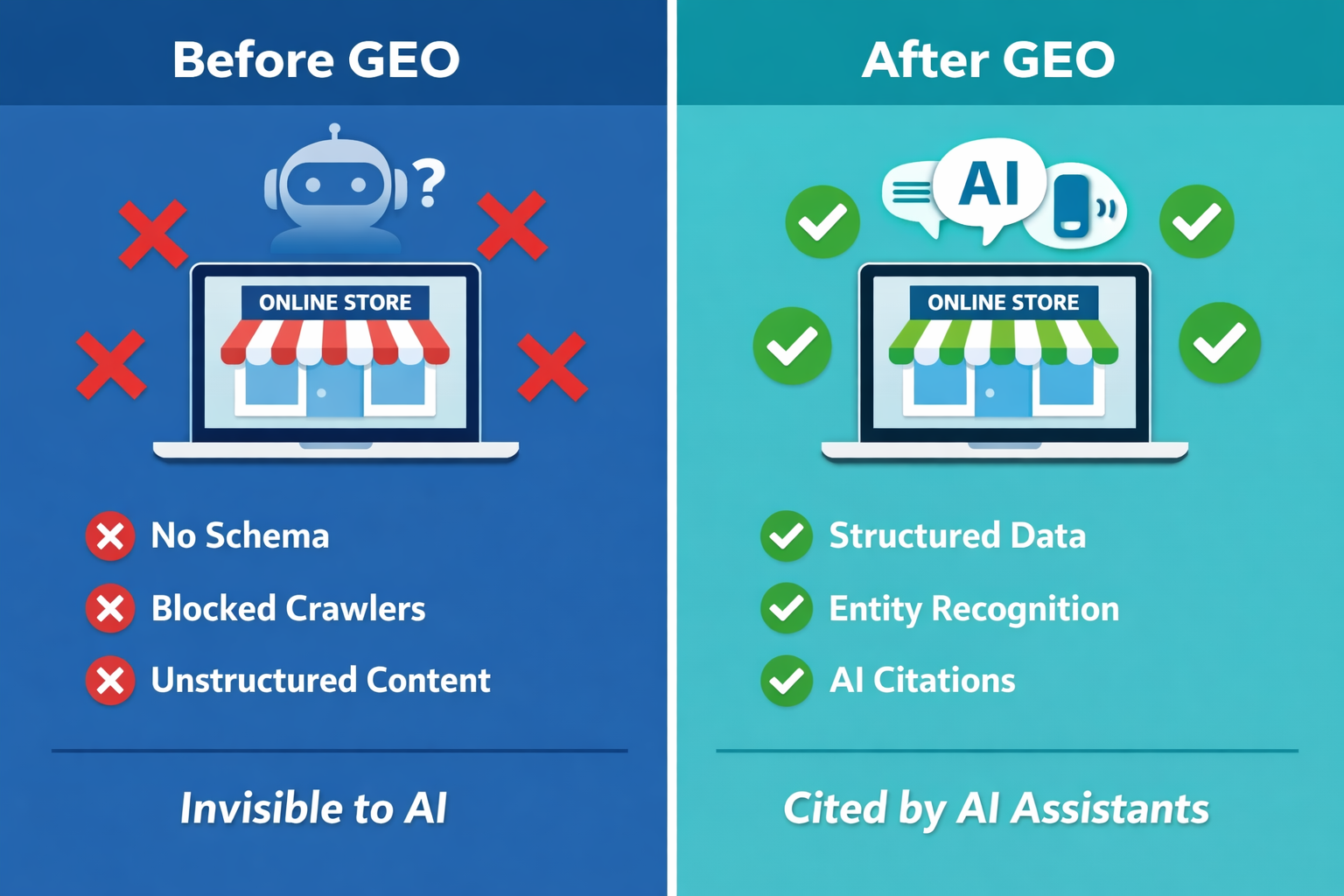 Before and after comparison of a Shopify store's AI visibility showing transformation from invisible to cited status