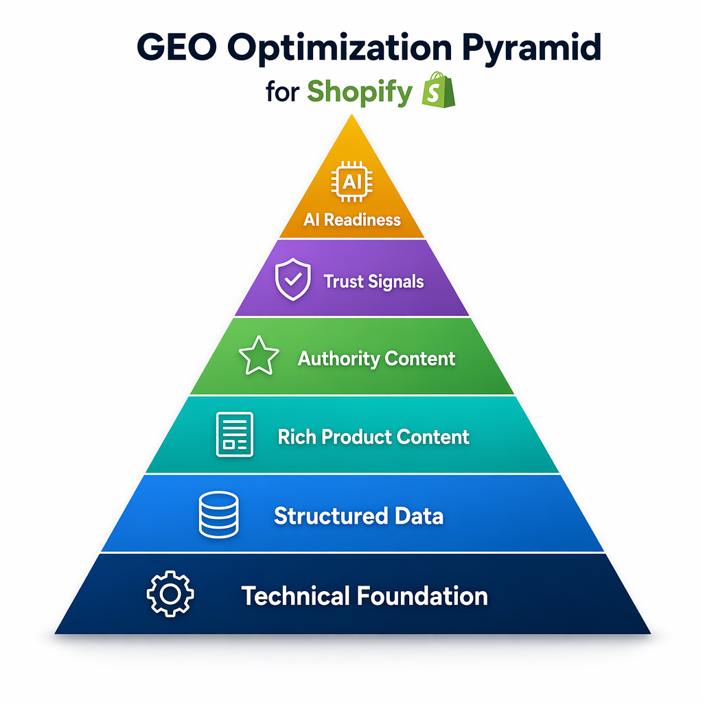 Infographic showing the GEO Optimization Pyramid for Shopify with 6 layers from bottom to top: Technical Foundation, Structured Data, Rich Product Content, Authority Content, Trust Signals, and AI Readiness at the top