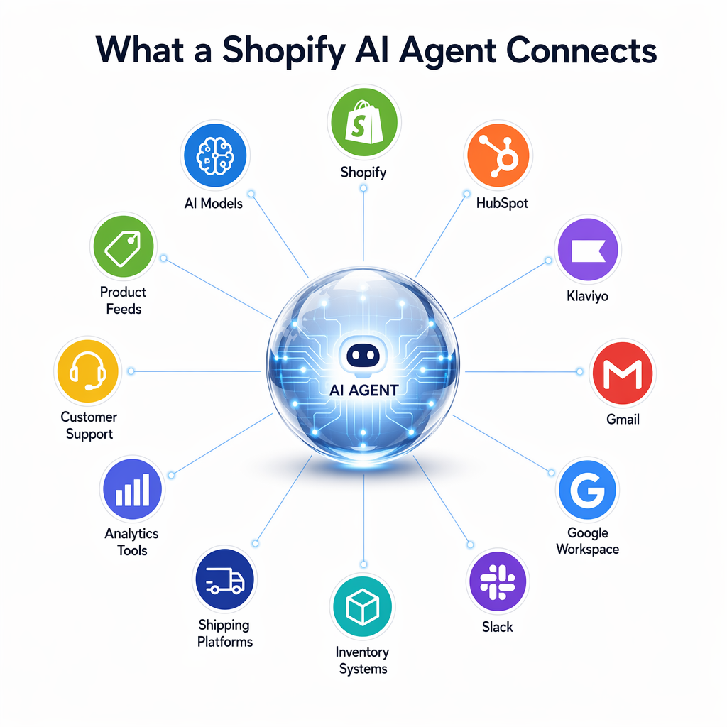Infographic showing what a Shopify AI Agent connects - a central AI Agent hub with connection lines to 12 surrounding platforms including Shopify, HubSpot, Klaviyo, Gmail, Google Workspace, Slack, Inventory Systems, Shipping Platforms, Analytics Tools, Customer Support, Product Feeds, and AI Models