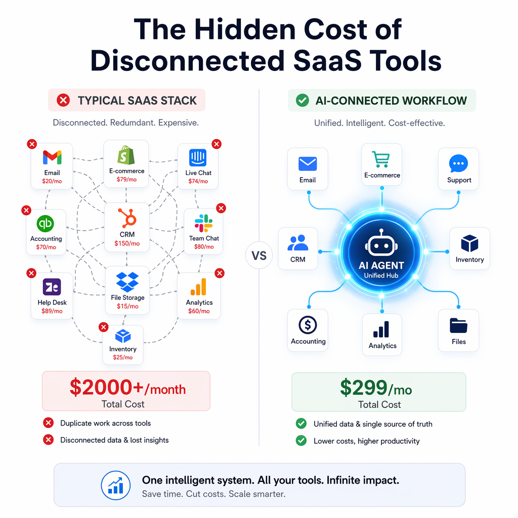 Infographic showing The Hidden Cost of Disconnected SaaS Tools - comparing a typical disconnected SaaS stack of 10+ tools costing $2000+/month versus an AI-Connected Workflow with unified data and lower costs
