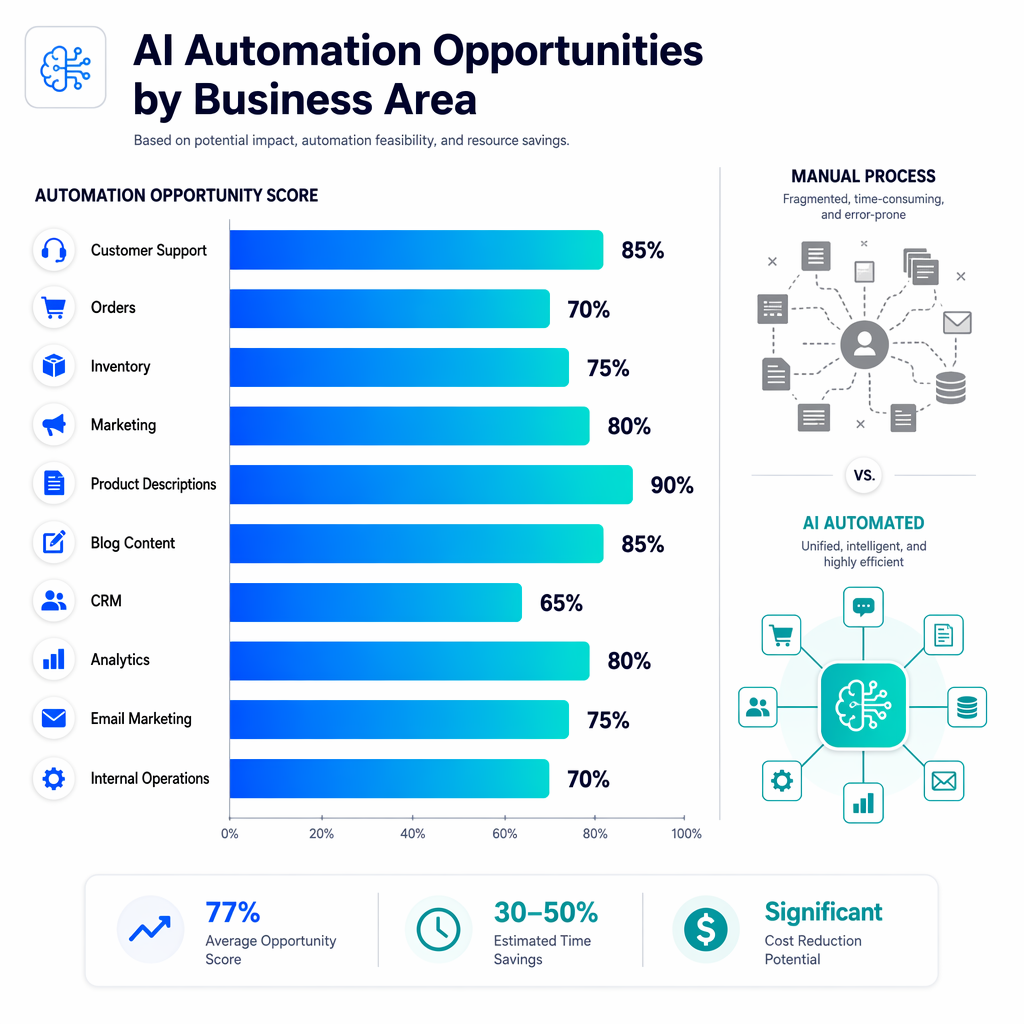 Infographic showing AI Automation Opportunities by Business Area - horizontal bar chart showing automation potential percentages for Customer Support, Orders, Inventory, Marketing, Product Descriptions, Blog Content, CRM, Analytics, Email Marketing, and Internal Operations