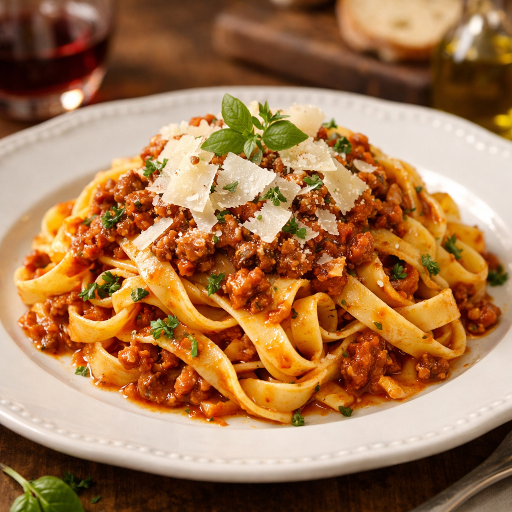Fresh tagliatelle pasta with rich Bolognese ragù