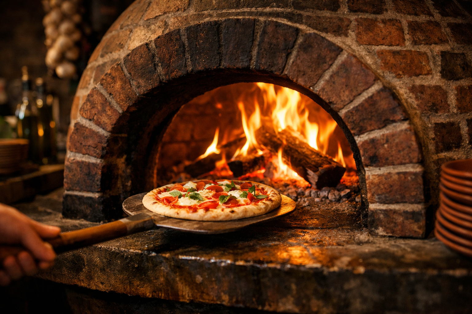 Traditional wood-fired pizza oven with flames