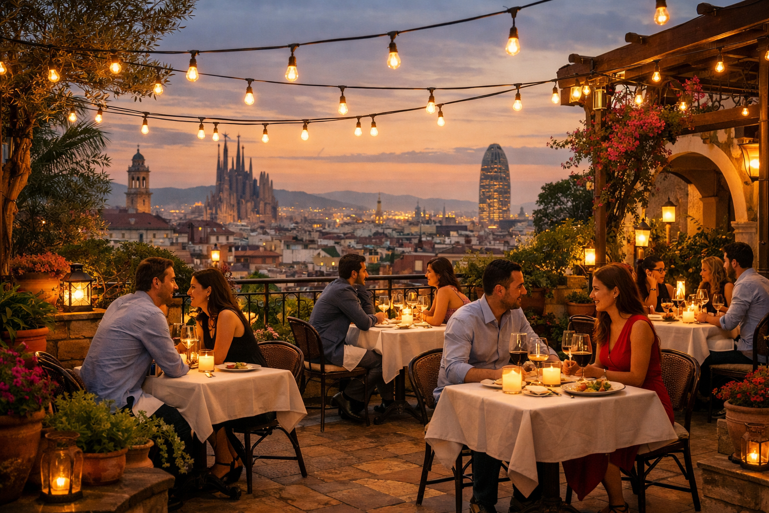 Beautiful terrace dining area with warm ambiance