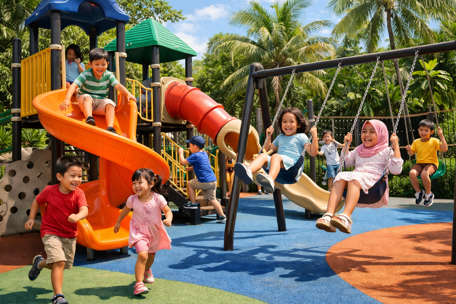 Children playing on outdoor tropical playground