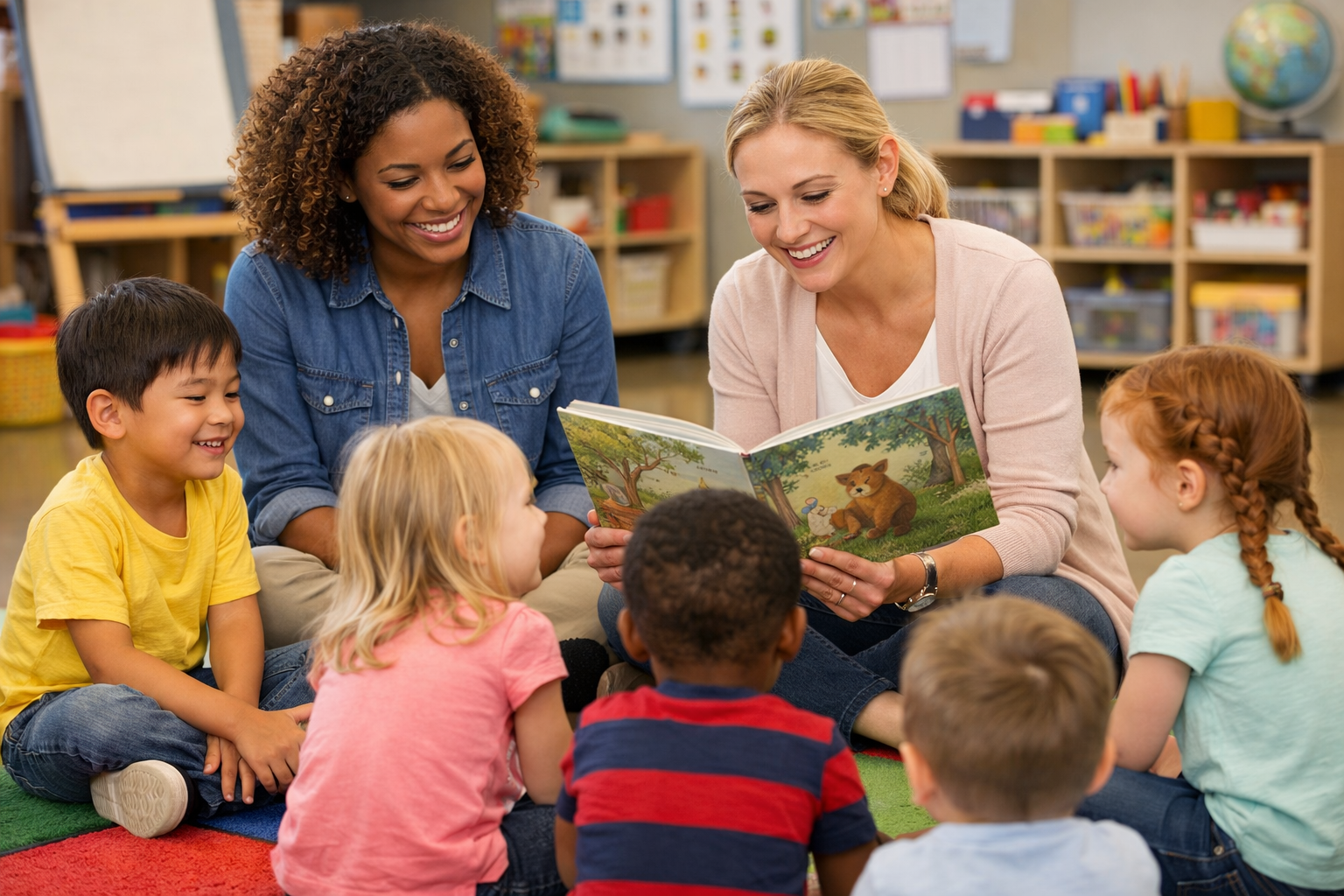 Teachers engaging with children during storytime at Bethel Preschool