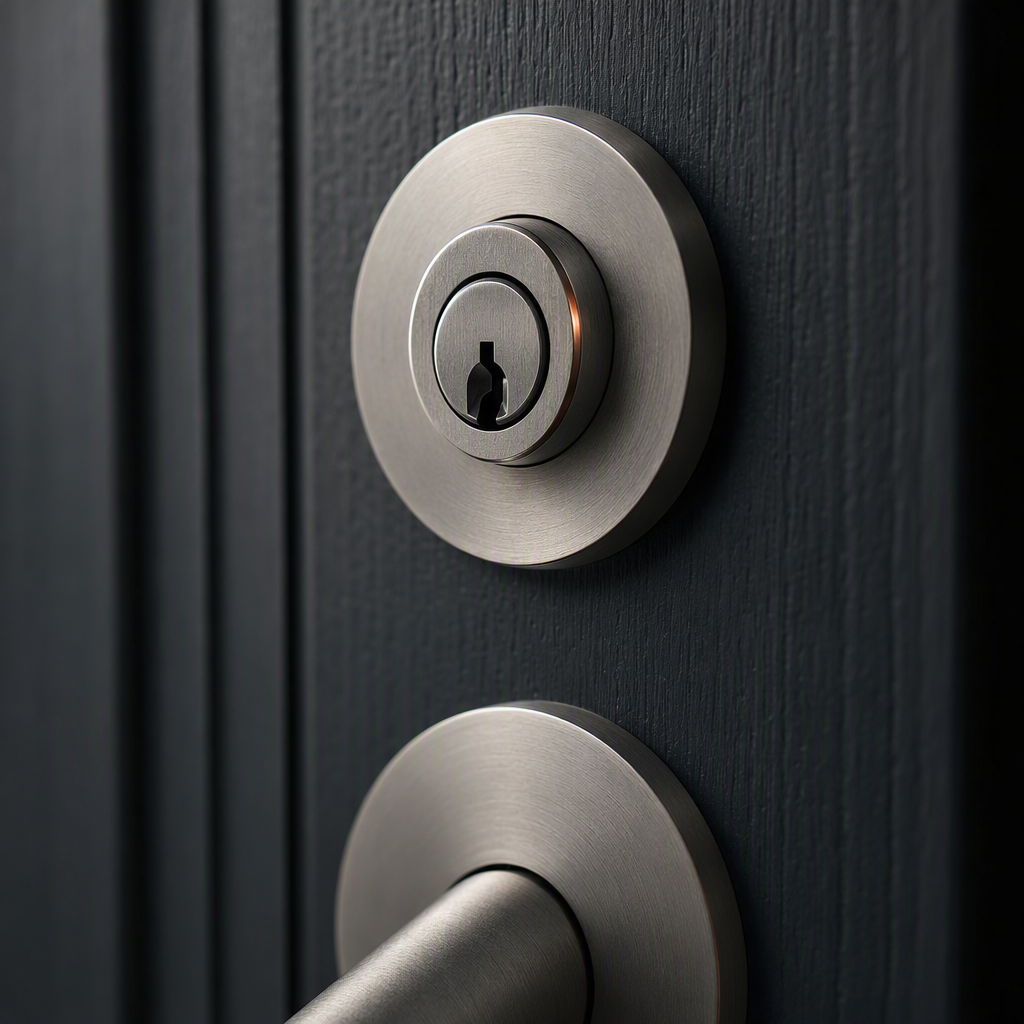 Close detail of a brushed nickel cylinder deadlock and escutcheon fitted into a dark painted timber door.