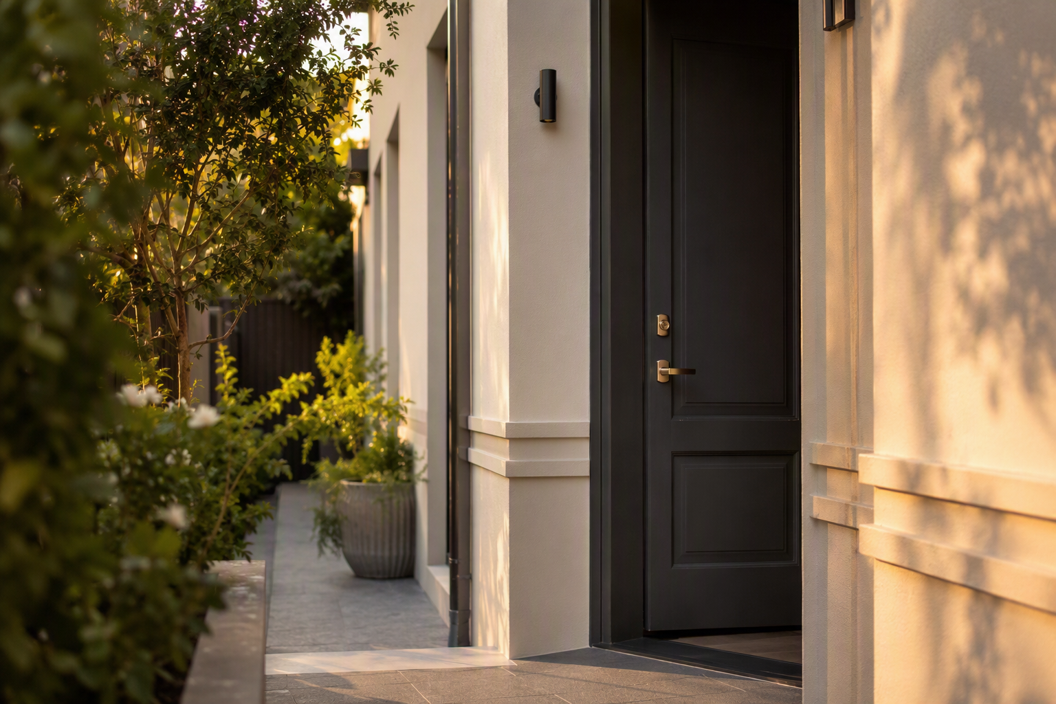 Charcoal painted front door of a Melbourne townhouse with a lever handle and separate deadlock, photographed in late afternoon light.