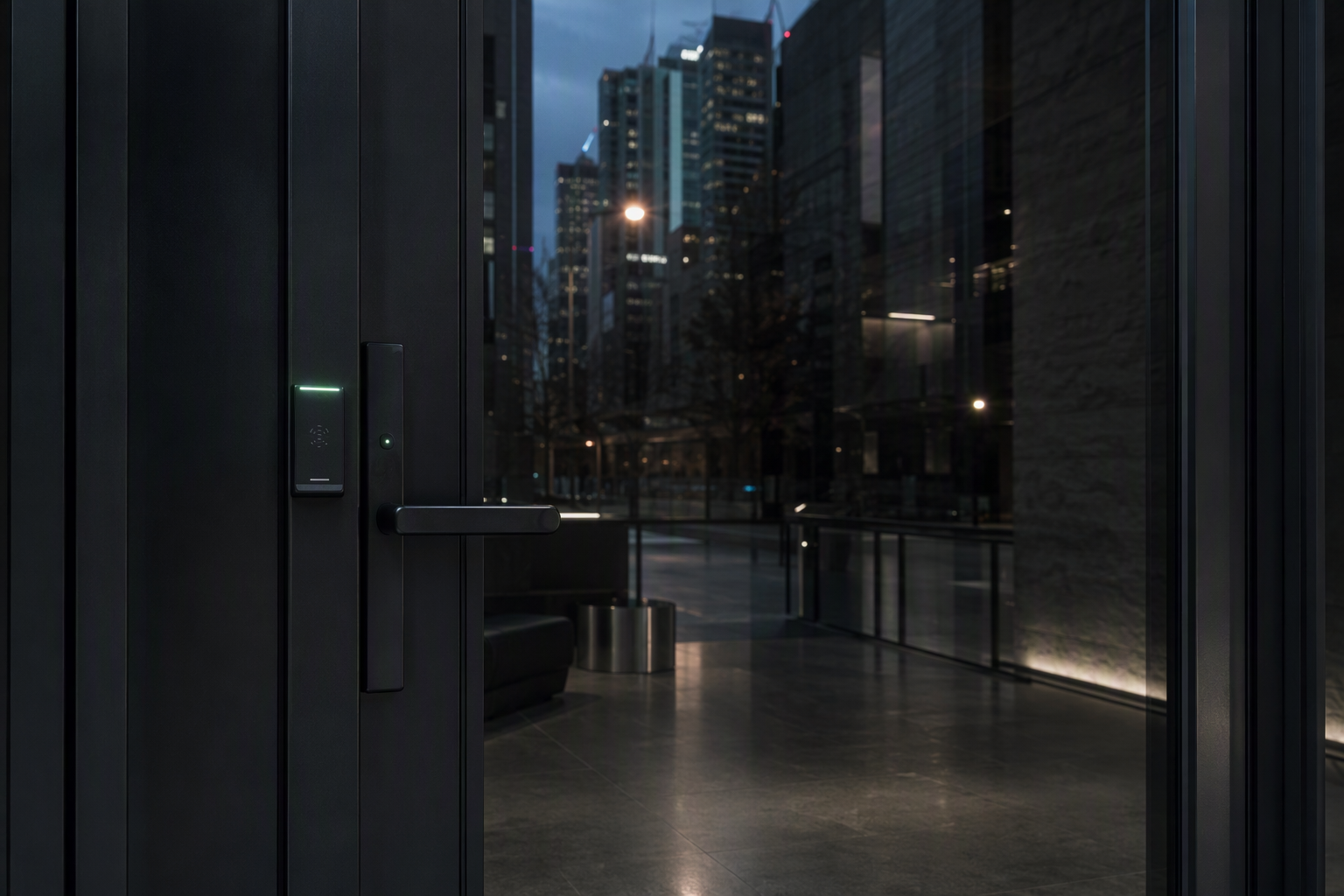 Full-height glass commercial entrance door in a blackened aluminium frame with commercial lever hardware and a discreet access reader beside the frame.
