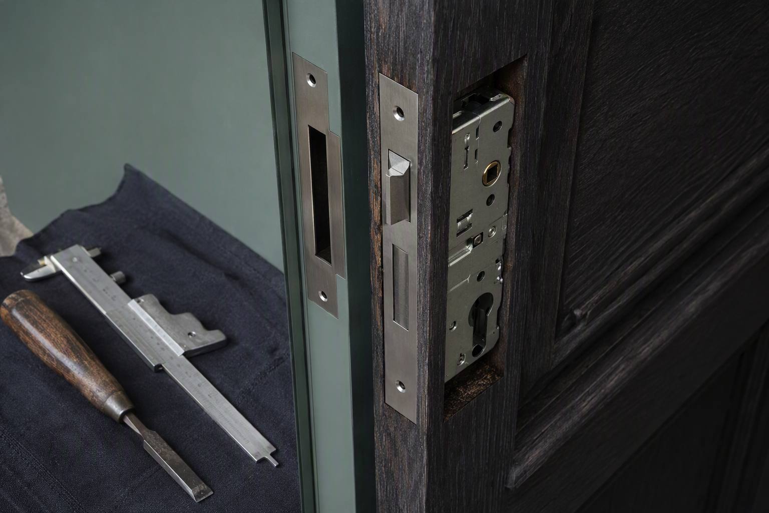 A mortice lock case and strike plate neatly fitted into the edge of a dark timber door, with installation tools laid out on a protective cloth.
