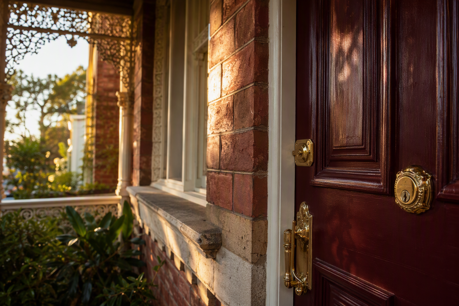 Heritage burgundy timber front door on a Hawthorn period home with polished brass deadlock hardware