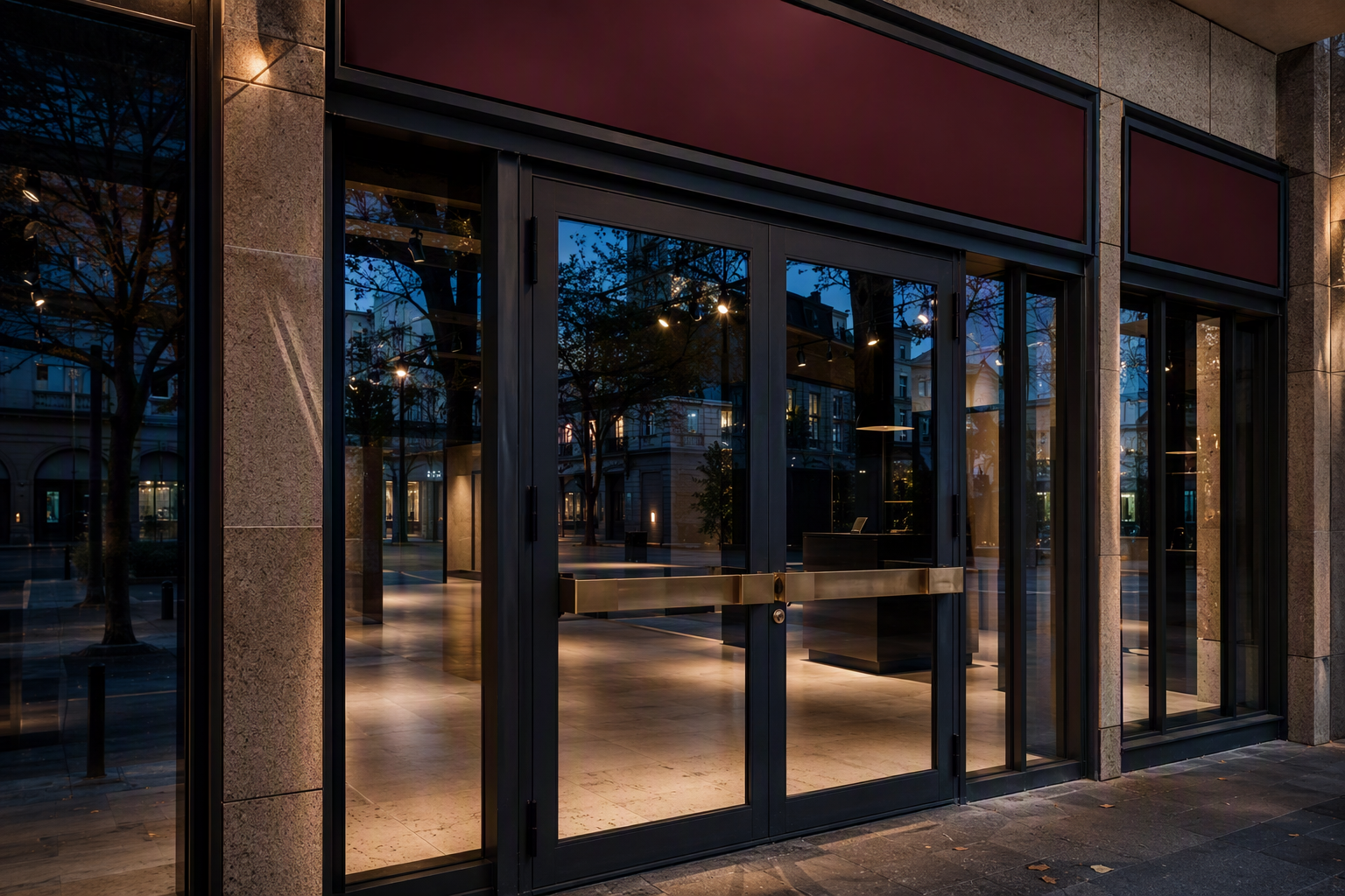 Charcoal steel-framed glass commercial shopfront entrance with a bronze push bar at dusk