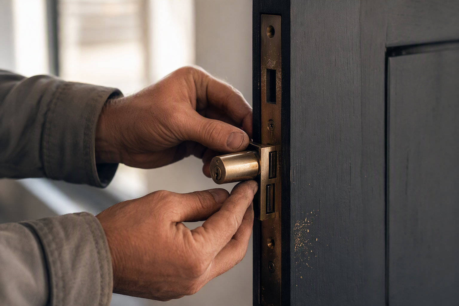 Close view of a locksmith fitting a brushed bronze mortice cylinder into a dark timber door edge