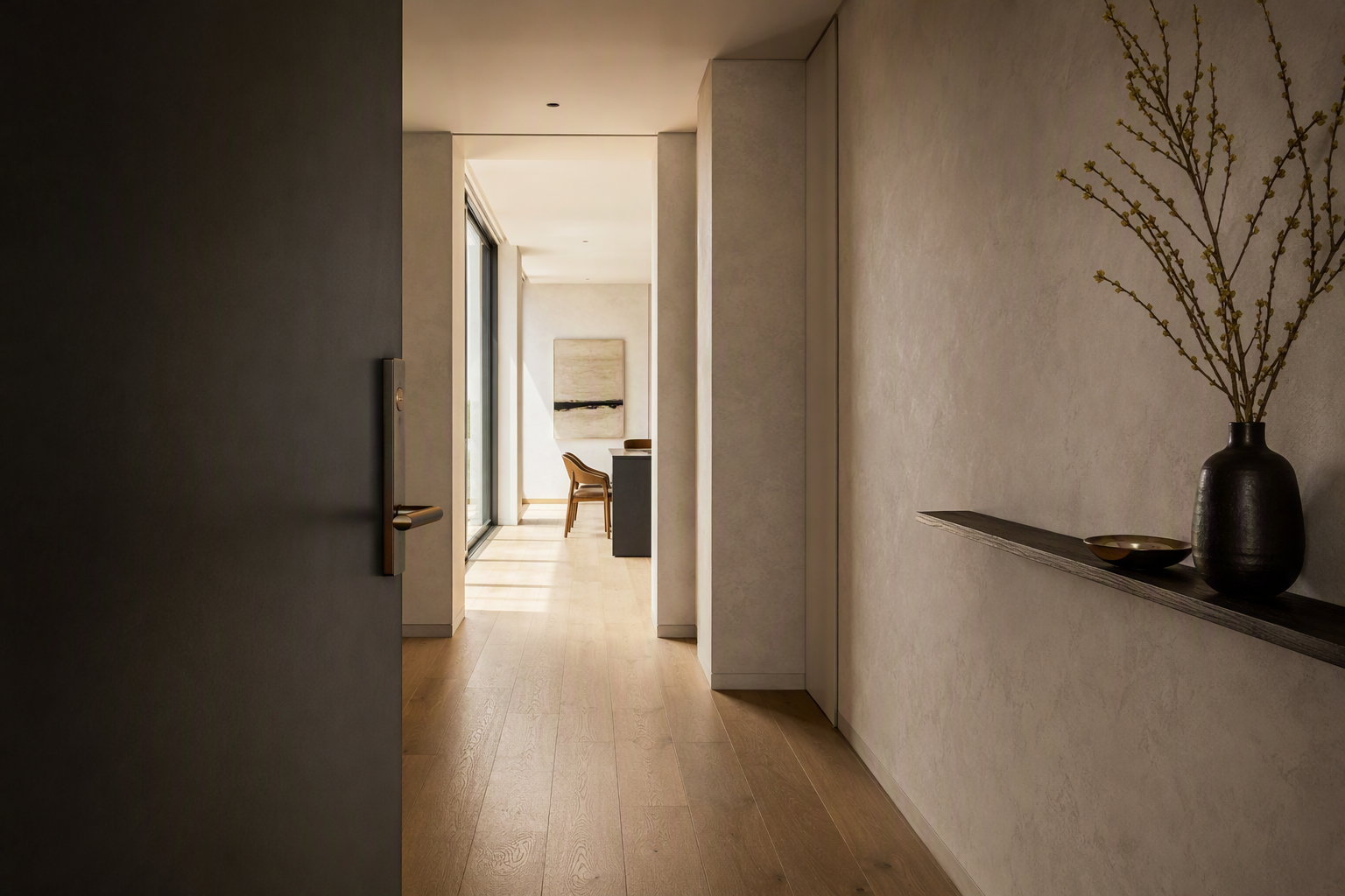 Modern Melbourne apartment entry hall with a charcoal entry door and discreet bronze lever handle