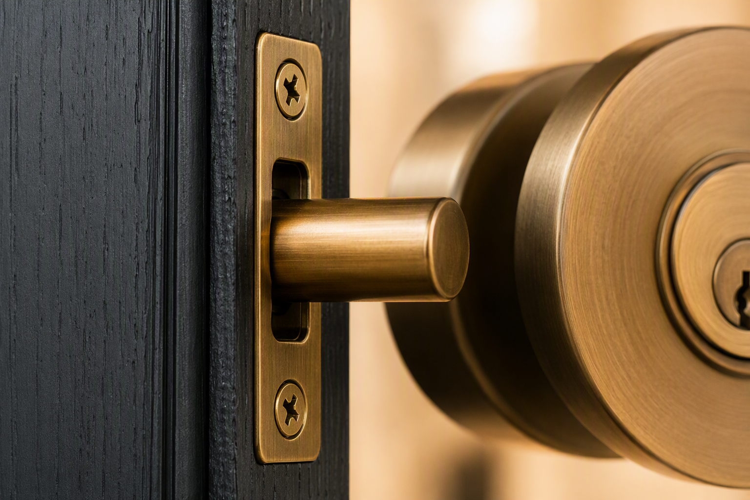 Macro detail of a bronze deadbolt extended into a painted door frame strike plate