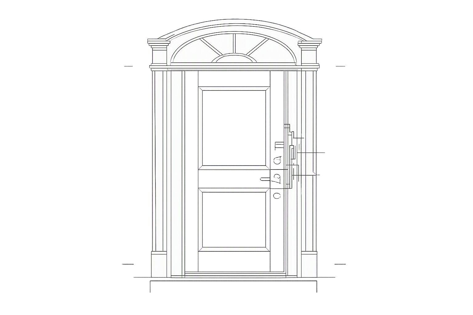 Fine-line architectural elevation drawing of a doorway showing leaf, frame, lock case, latch and bolt