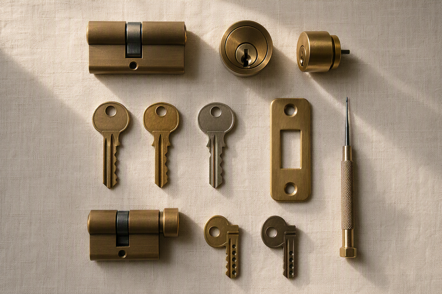 Overhead arrangement of brass and bronze lock cylinders, cut keys, a strike plate and hand tools