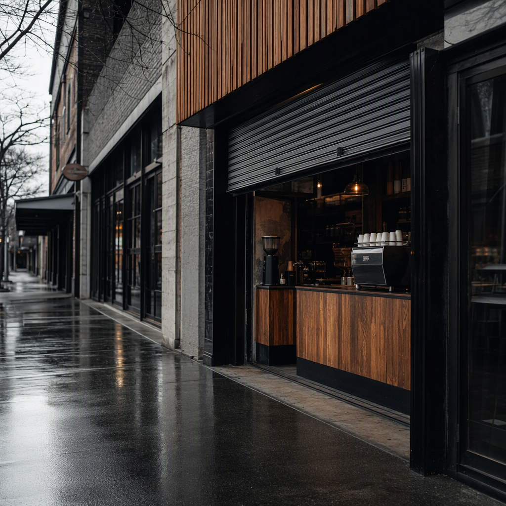 Black steel framed Melbourne shopfront with a partly raised roller shutter at early morning