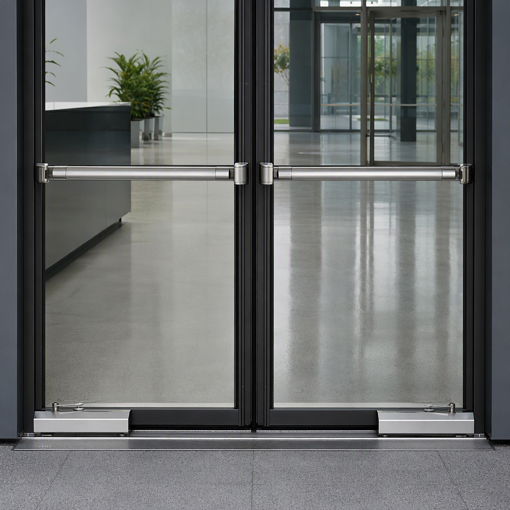 Glass entry doors of a Melbourne commercial office building with heavy duty door hardware