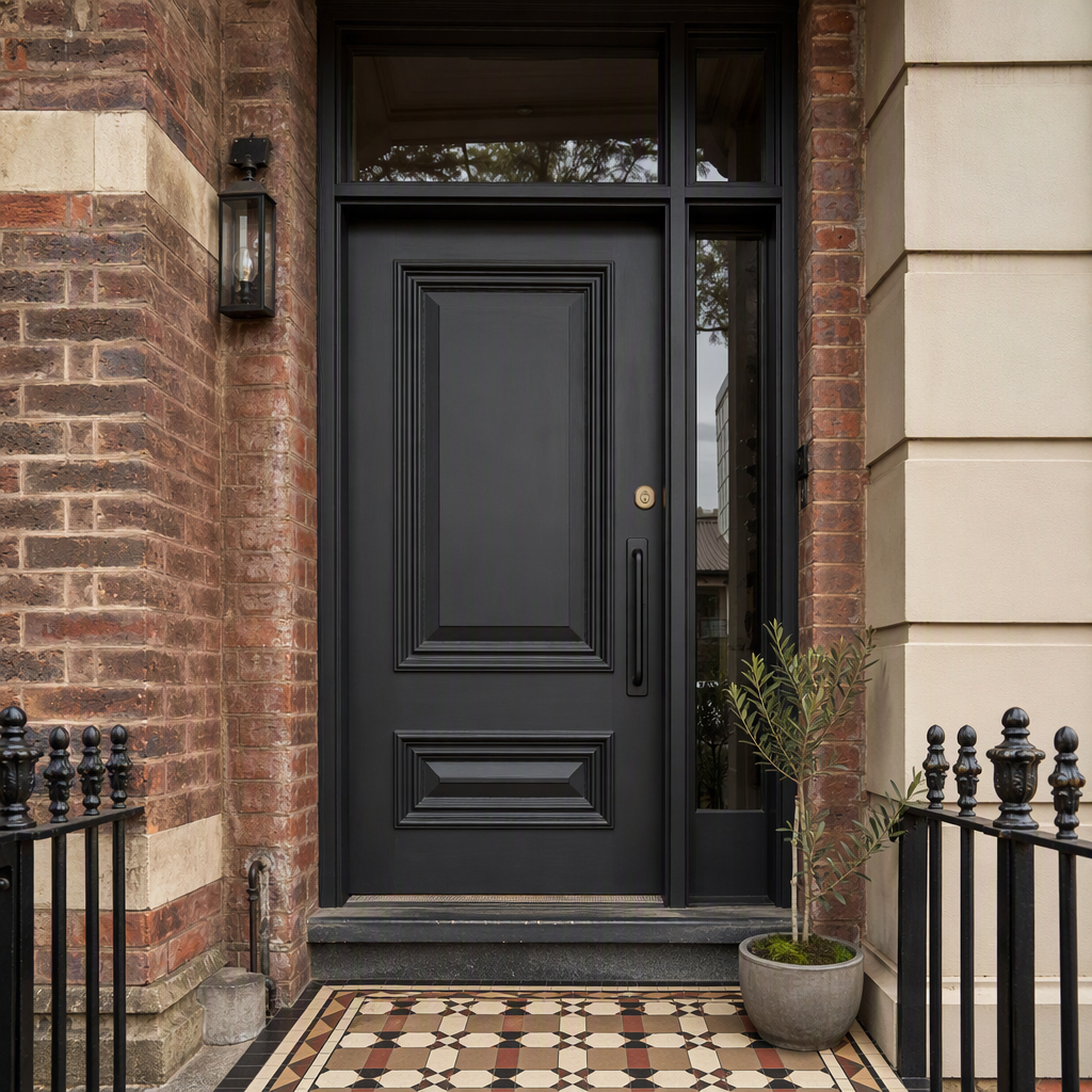 Charcoal painted front door of an inner-Melbourne terrace house fitted with a brass deadlock