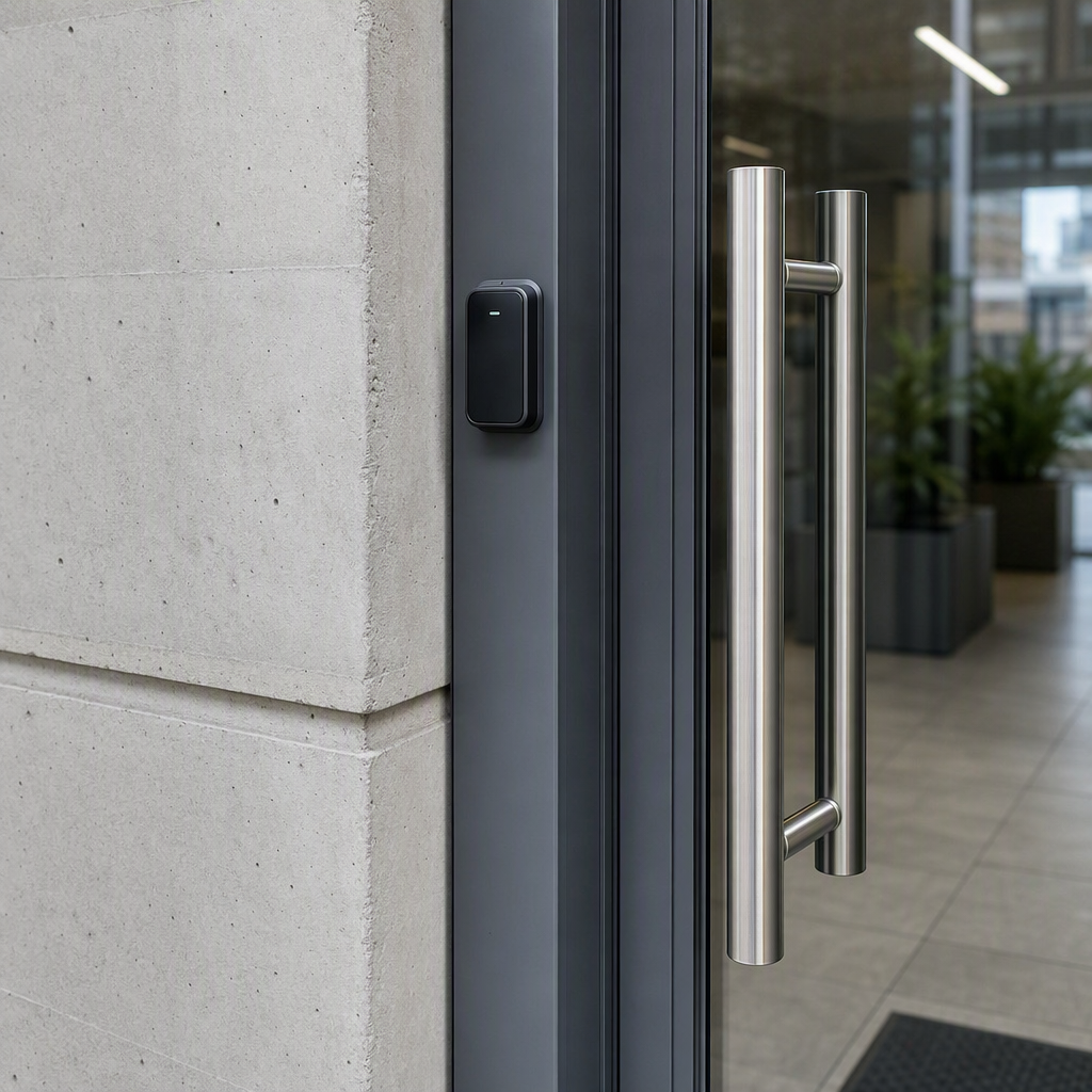 Dark framed glass entrance door of a modern Melbourne apartment building with stainless steel hardware