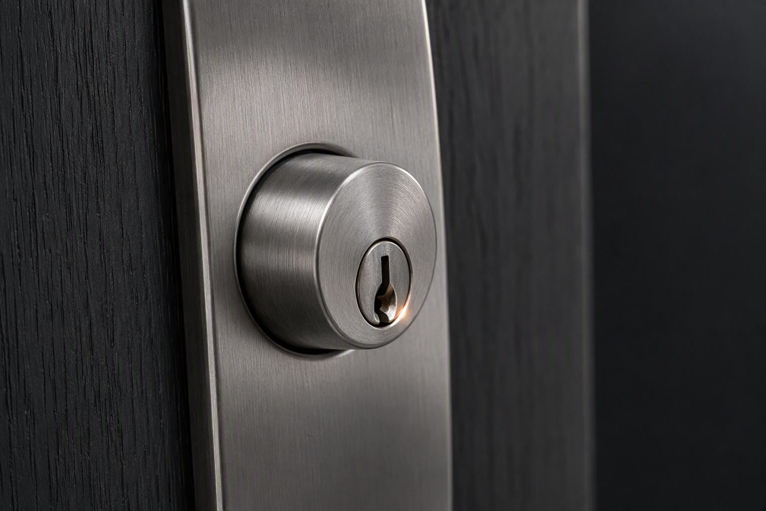 Close detail of a brushed stainless steel lock cylinder fitted to a dark charcoal timber door