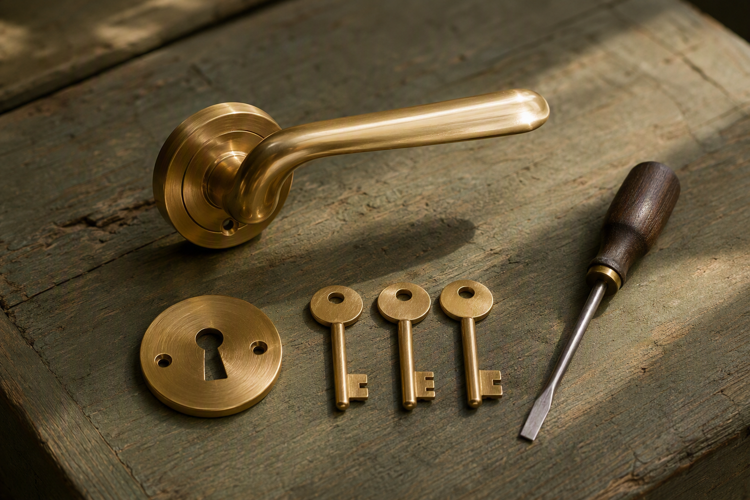 Door cylinder, keys and brass hardware laid out on a workbench