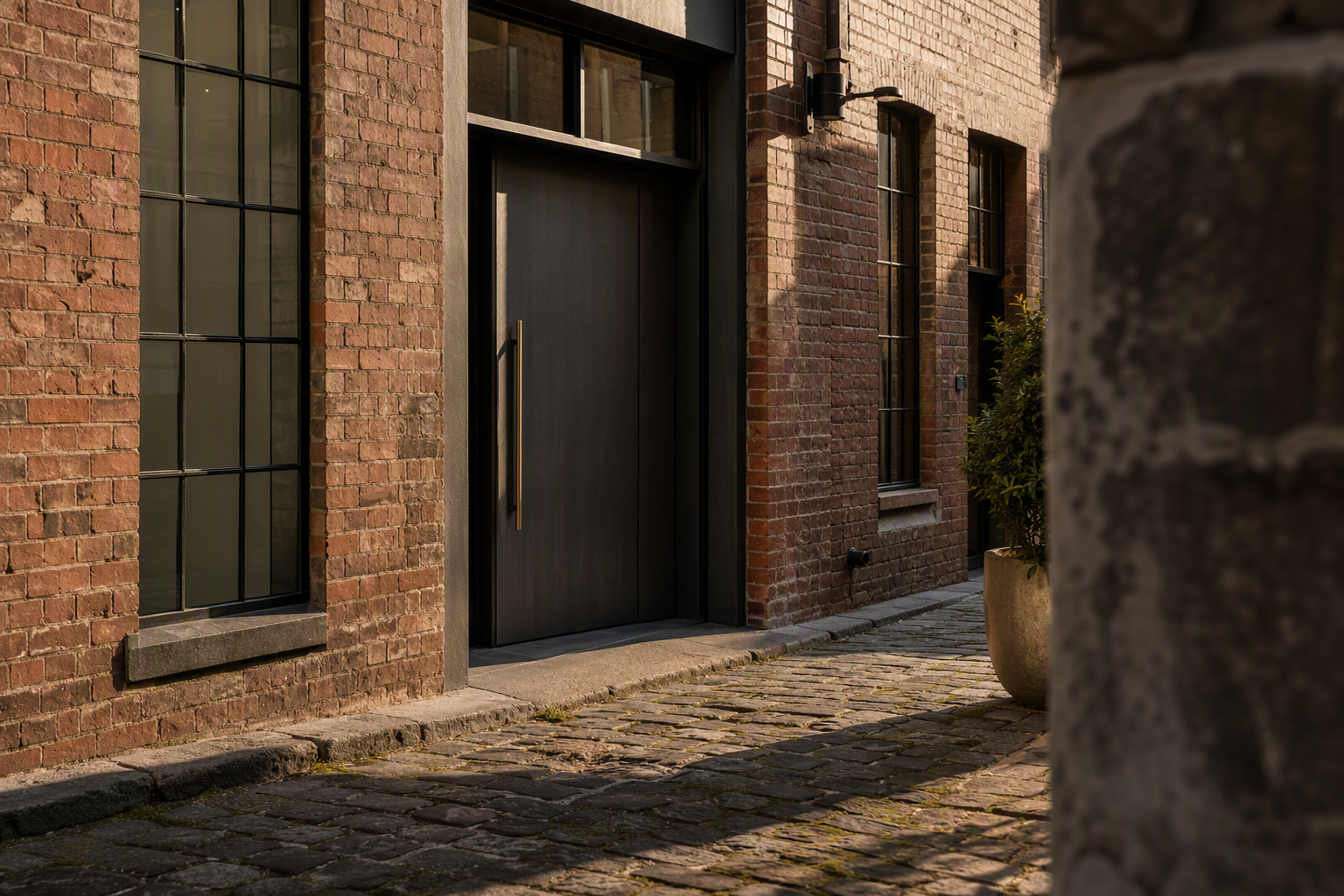 Converted warehouse laneway with red brick walls and a dark steel entry door on bluestone cobbles